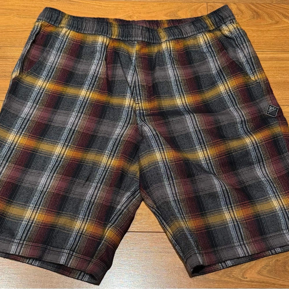 Prana Flannel Gray and Orange Flat Front Shorts, Pajama, Lounge, Soft